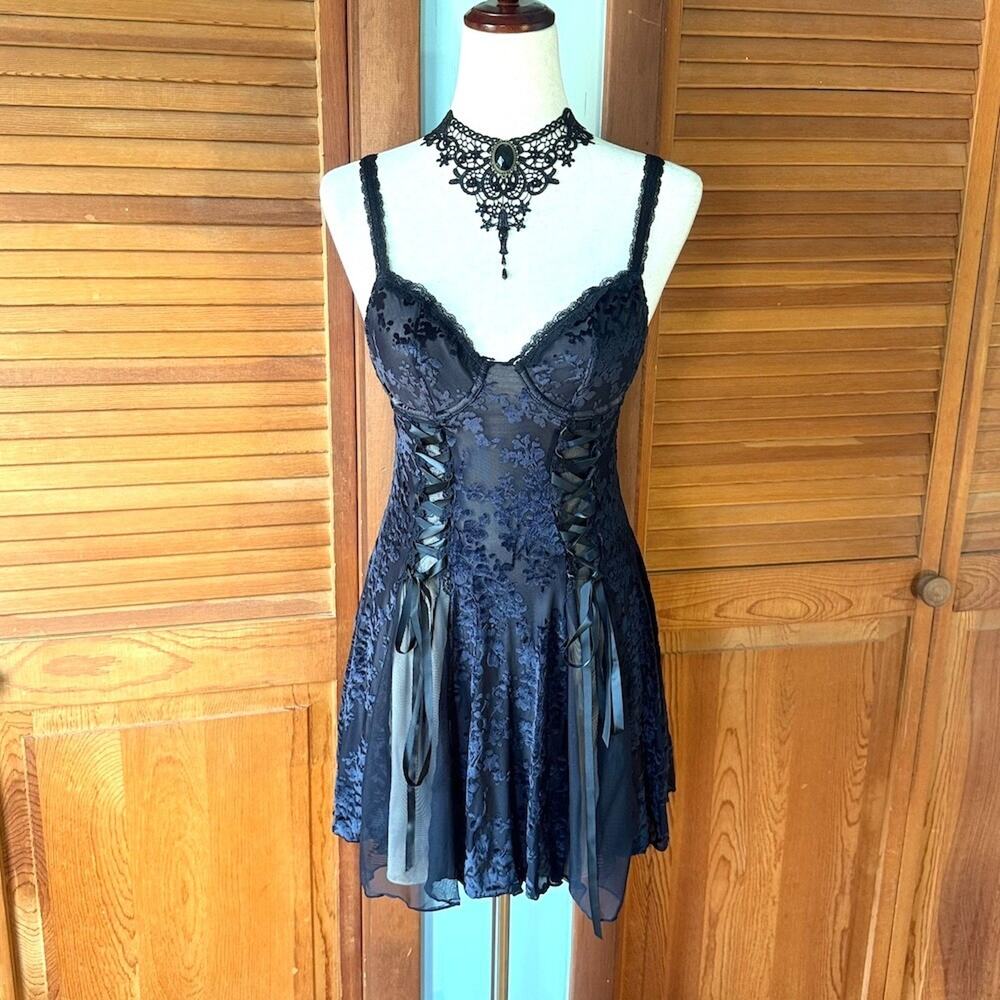 Dolls Kill Gothic Dark Fairycore Black Burnt Out Lace Up Summer Mini Dress